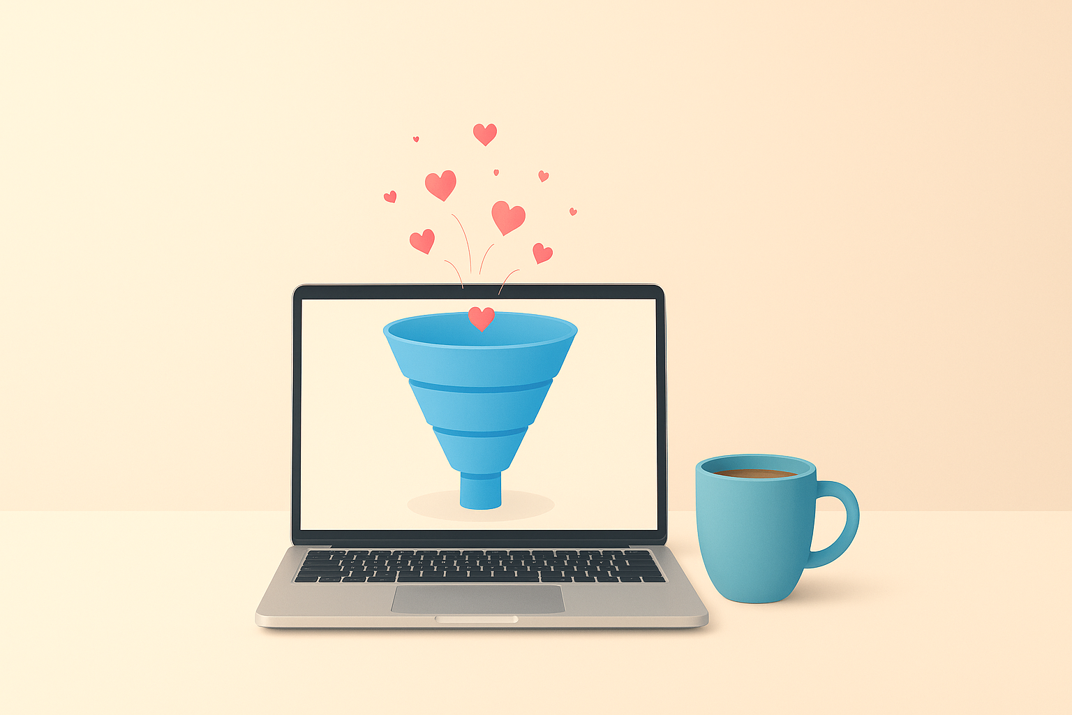 Embudo de marketing cozy representado en un portátil con corazones y una taza de café