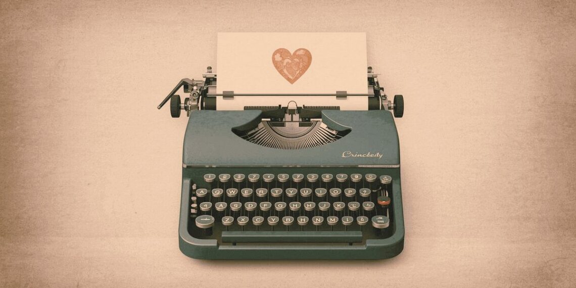 Máquina de escribir retro con un corazón, símbolo de la escritura web honesta y humana