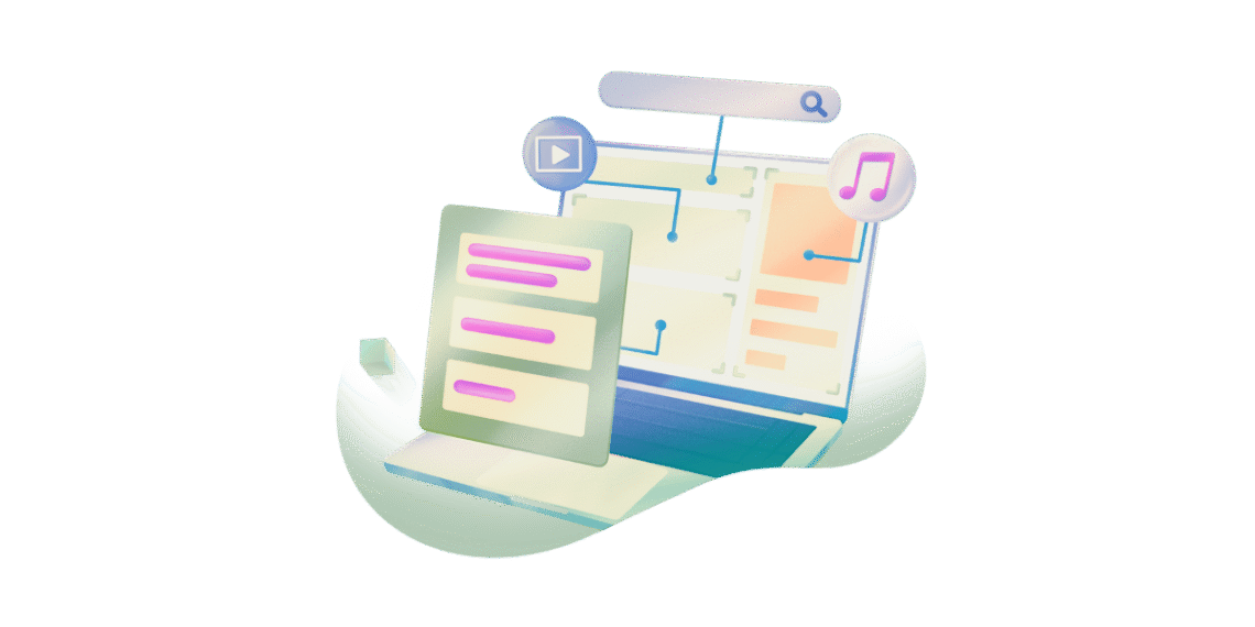Ilustración de wireframes y elementos de diseño web flotando con iconos de video, música, búsqueda y estructura de página, representando planificación de interfaz web y organización de contenido antes de diseñar blog