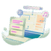 Ilustración de wireframes y elementos de diseño web flotando con iconos de video, música, búsqueda y estructura de página, representando planificación de interfaz web y organización de contenido antes de diseñar blog