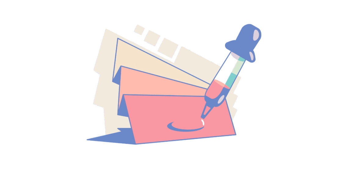 Ilustración de muestras de colores y gotero aplicando color sobre tarjeta rosa, representando proceso de elegir y aplicar paleta de colores para blog, con tonos rosa, azul, beige y menta