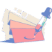 Ilustración de muestras de colores y gotero aplicando color sobre tarjeta rosa, representando proceso de elegir y aplicar paleta de colores para blog, con tonos rosa, azul, beige y menta