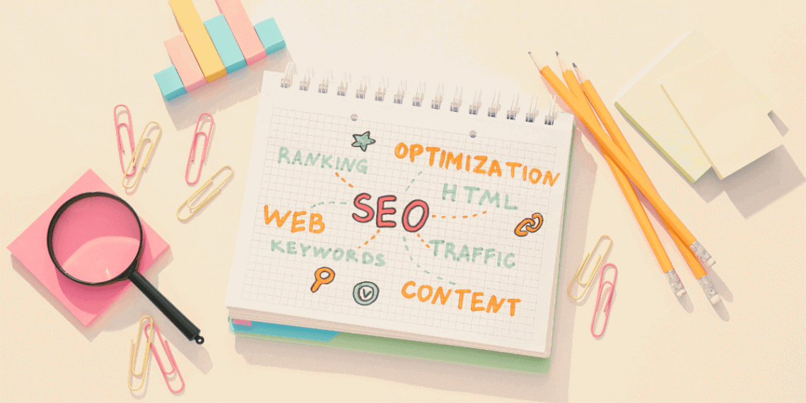 Escritorio de trabajo con cuaderno de notas sobre SEO, lupa sobre post-it rosa, lápices y materiales de estudio organizados, representando diez años de planificación y aprendizaje sobre posicionamiento web antes de lanzar un blog, síndrome del impostor en emprendedoras