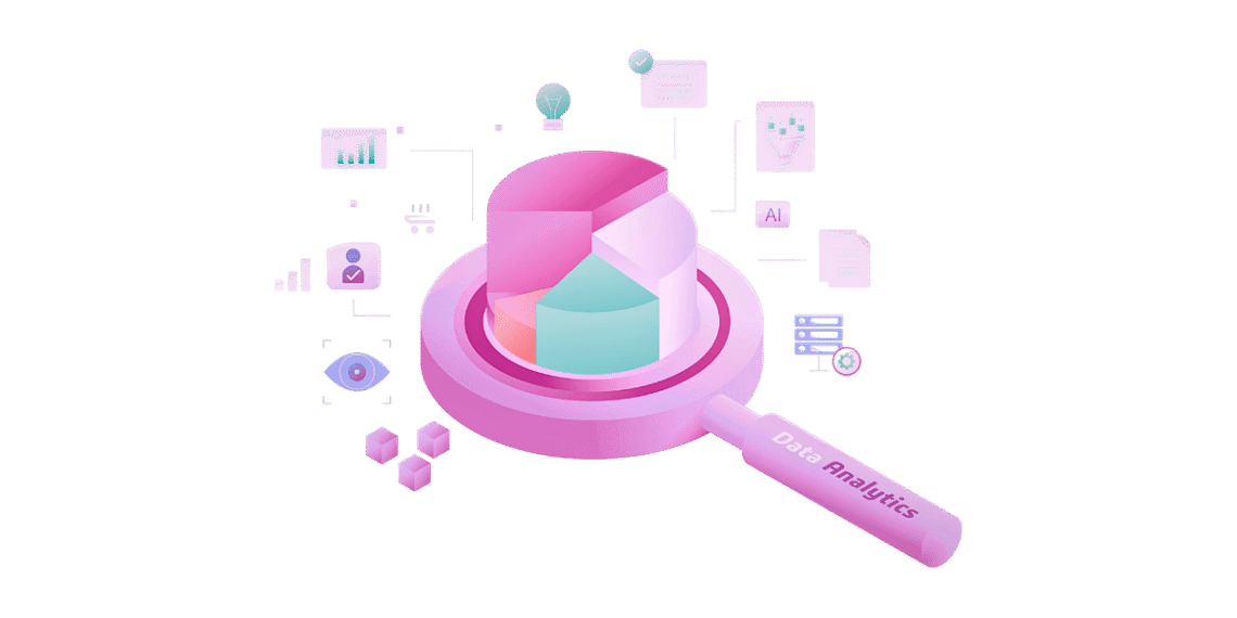Lupa de data analytics examinando gráfico circular con iconos de métricas digitales flotando, representando análisis profundo de qué métricas de marketing realmente importan versus vanity metrics
