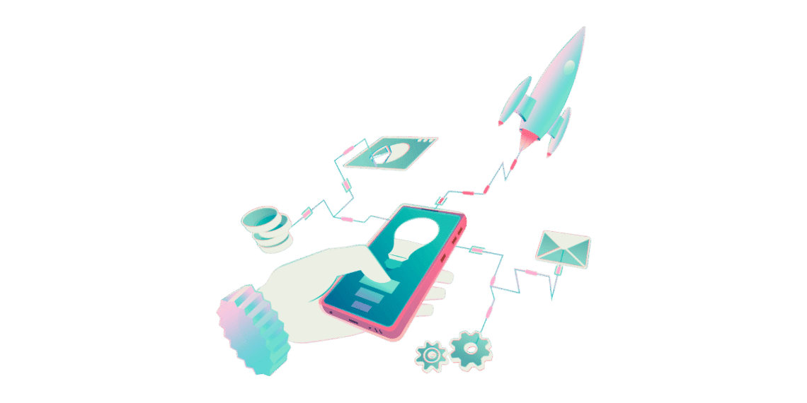 Ilustración de emprendimiento digital con cohete lanzando representando emprender sin perfeccionismo, móvil con bombilla simbolizando MVP, gráficos para medir resultados y engranajes del ciclo Build-Measure-Learn de Lean Startup de Eric Ries