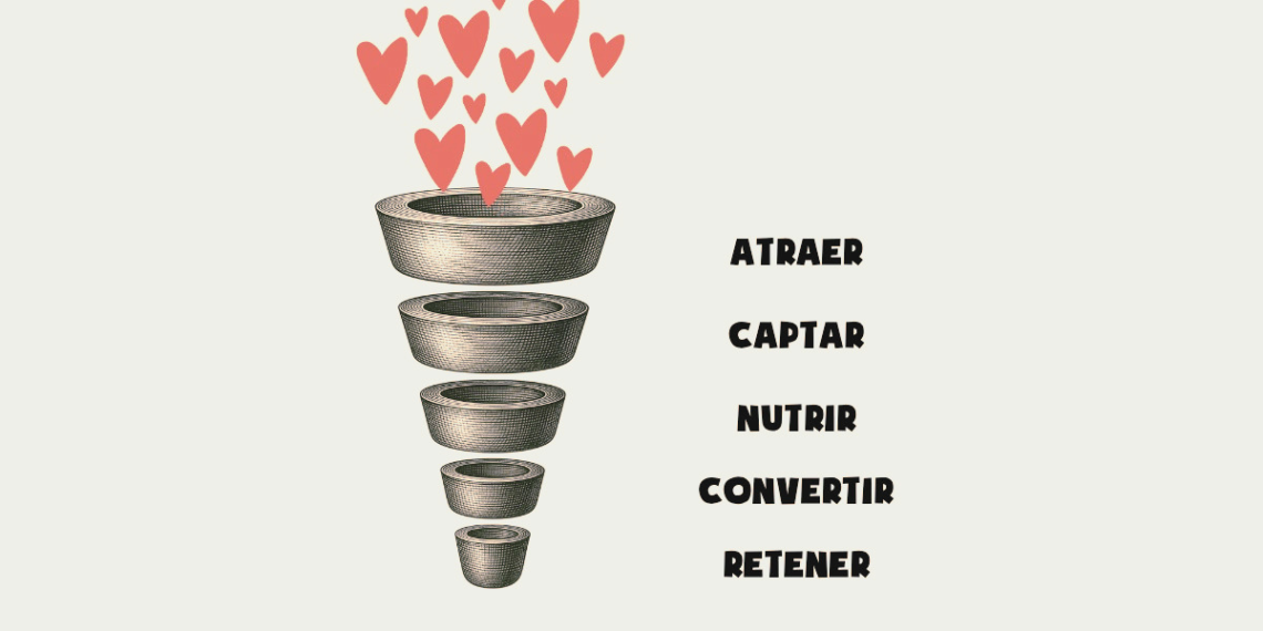 Funnel de marketing con las etapas atraer, captar, nutrir, convertir y retener