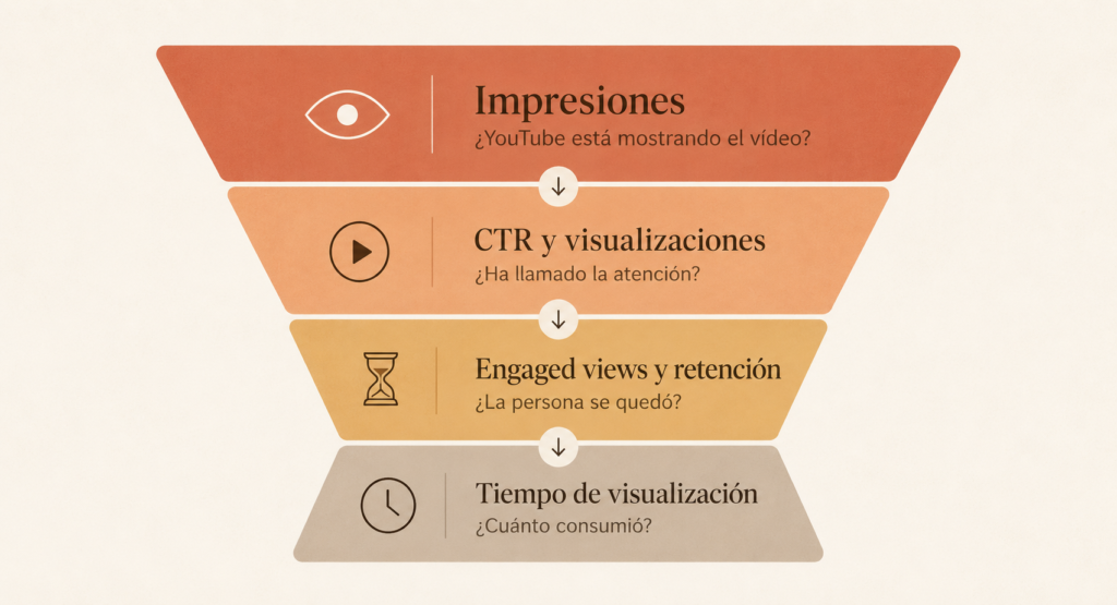 Embudo de métricas de YouTube con impresiones, CTR, visualizaciones, engaged views, retención y tiempo de visualización
